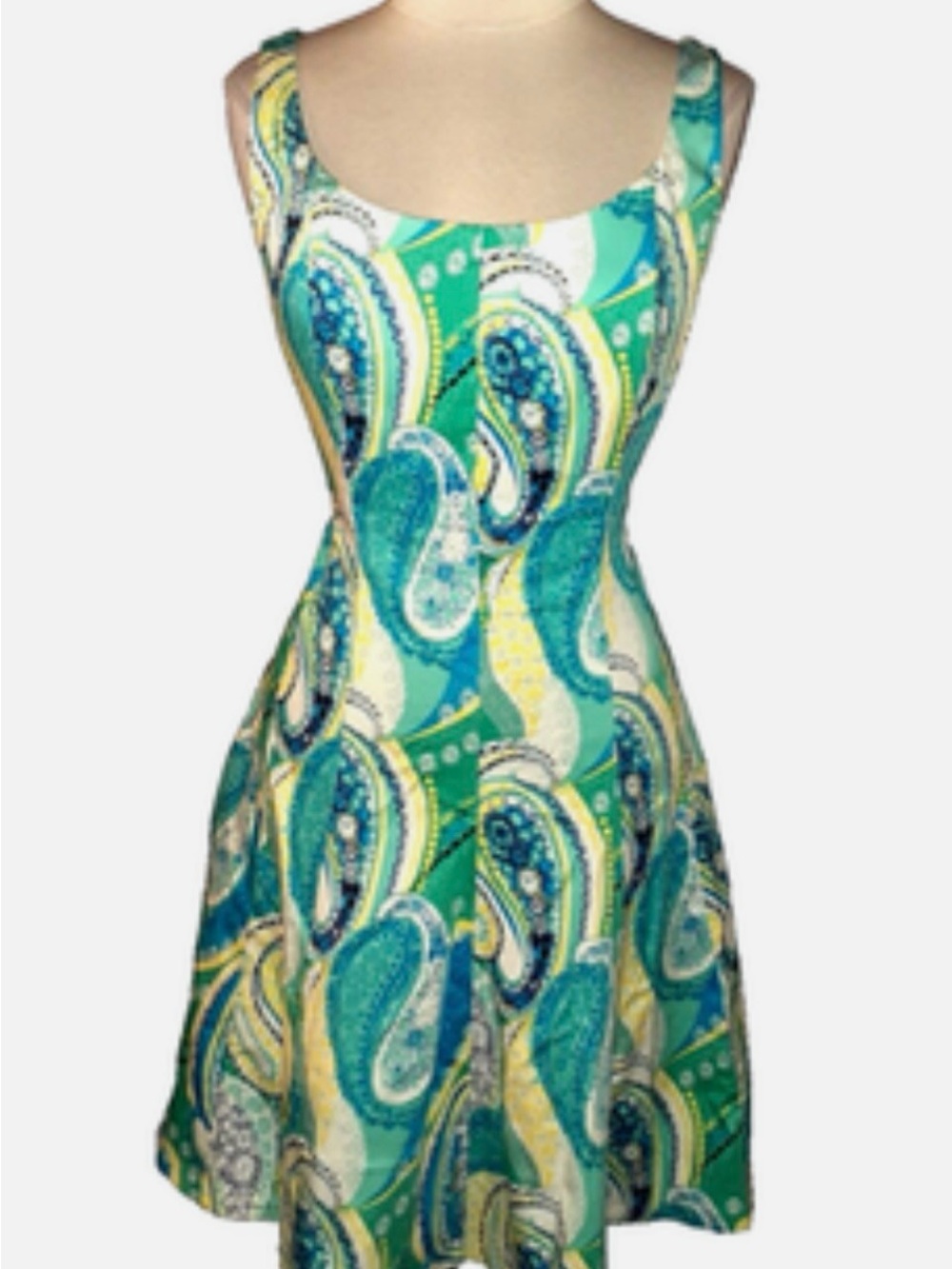 Pappagallo Fit & Flare Dress in Shades Of Teal Blue White Yellow Paisley